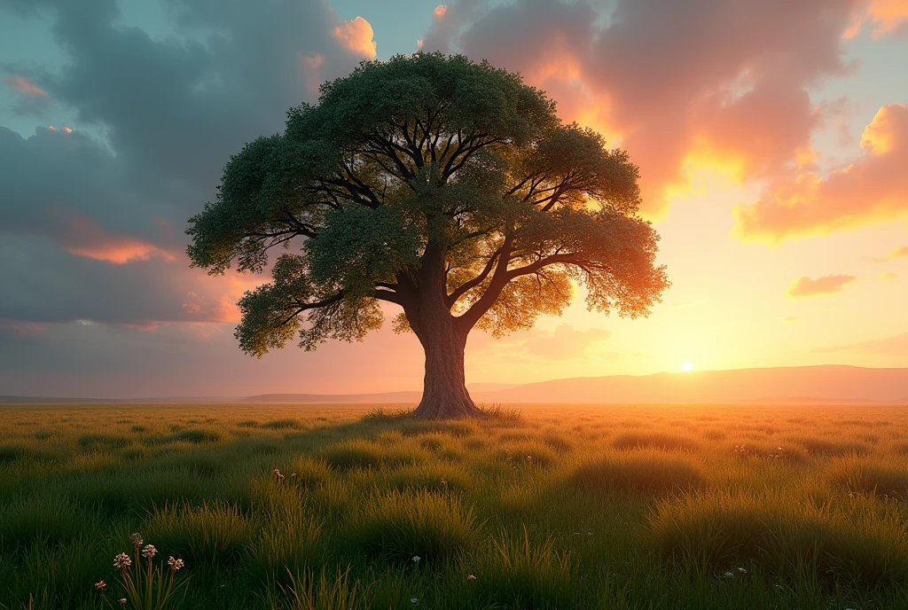 (8k, CRU photo, highest quality) Create a hyper-realistic image of an open field with grass, featuring a massive tree at the center of the photo. The tree has a large trunk, and the sky reflects a late sunny day with a sunset in shades of red, orange, and blue. (((dynamic composition:1.3))), soft lighting, cinematic lighting, light volumetric, hyper-realistic, vivid details, clear as crystal, 8K UHD, ultra photo realism, best quality, work of art, extremely detailed CG, unity, wallpapers (realistic, photorealistic: 1.37), shining, fine-details, (((Depth of field:1.5))), (((atmospheric perspective:1.4)))