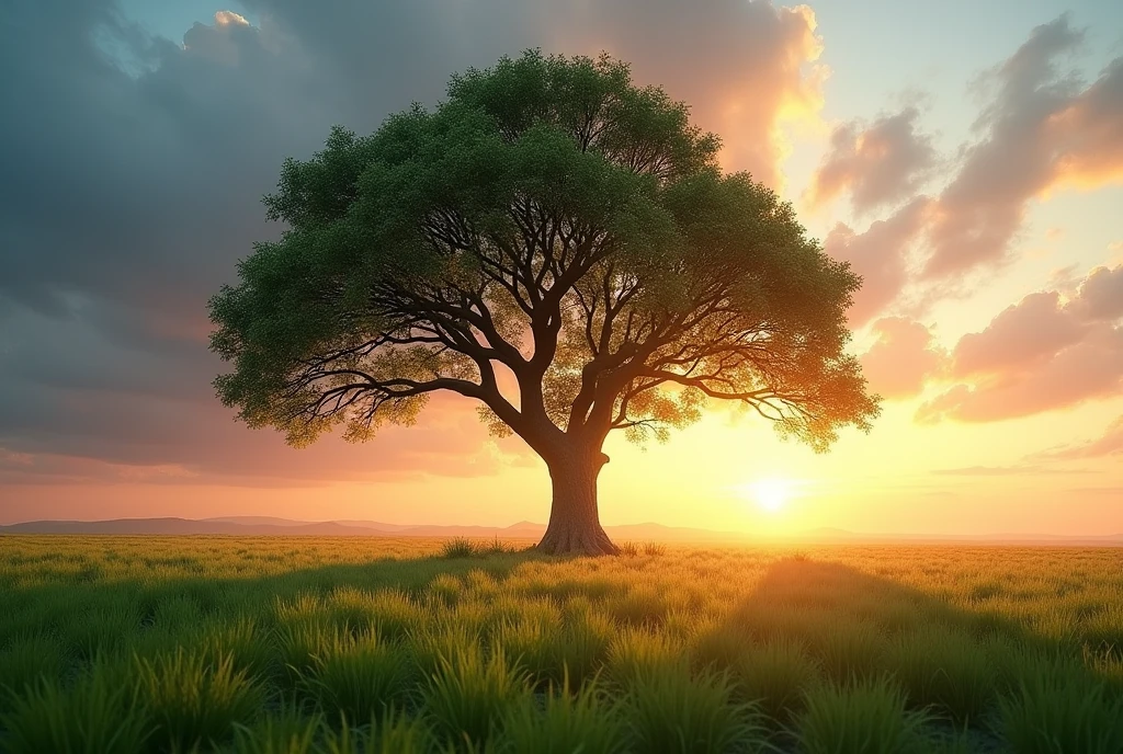 (8k, CRU photo, highest quality) Create a hyper-realistic image of an open field with grass, featuring a massive tree at the center of the photo. The tree has a large trunk, and the sky reflects a late sunny day with a sunset in shades of red, orange, and blue. (((dynamic composition:1.3))), soft lighting, cinematic lighting, light volumetric, hyper-realistic, vivid details, clear as crystal, 8K UHD, ultra photo realism, best quality, work of art, extremely detailed CG, unity, wallpapers (realistic, photorealistic: 1.37), shining, fine-details, (((Depth of field:1.5))), (((atmospheric perspective:1.4)))