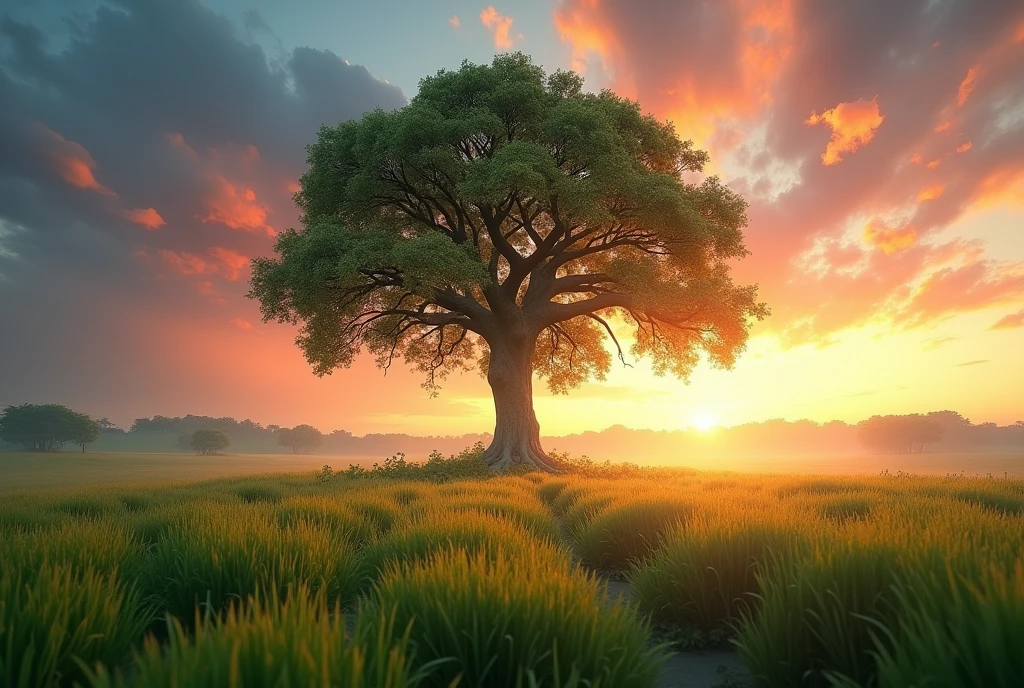 (8k, CRU photo, highest quality) Create a hyper-realistic image of an open field with grass, featuring a massive tree at the center of the photo. The tree has a large trunk, and the sky reflects a late sunny day with a sunset in shades of red, orange, and blue. (((dynamic composition:1.3))), soft lighting, cinematic lighting, light volumetric, hyper-realistic, vivid details, clear as crystal, 8K UHD, ultra photo realism, best quality, work of art, extremely detailed CG, unity, wallpapers (realistic, photorealistic: 1.37), shining, fine-details, (((Depth of field:1.5))), (((atmospheric perspective:1.4)))