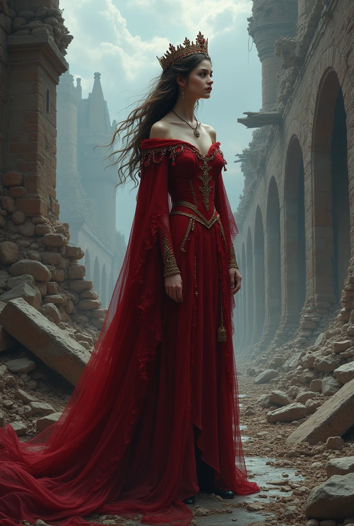 A brunette teenage duchess in a destroyed red castle with a ruby crown