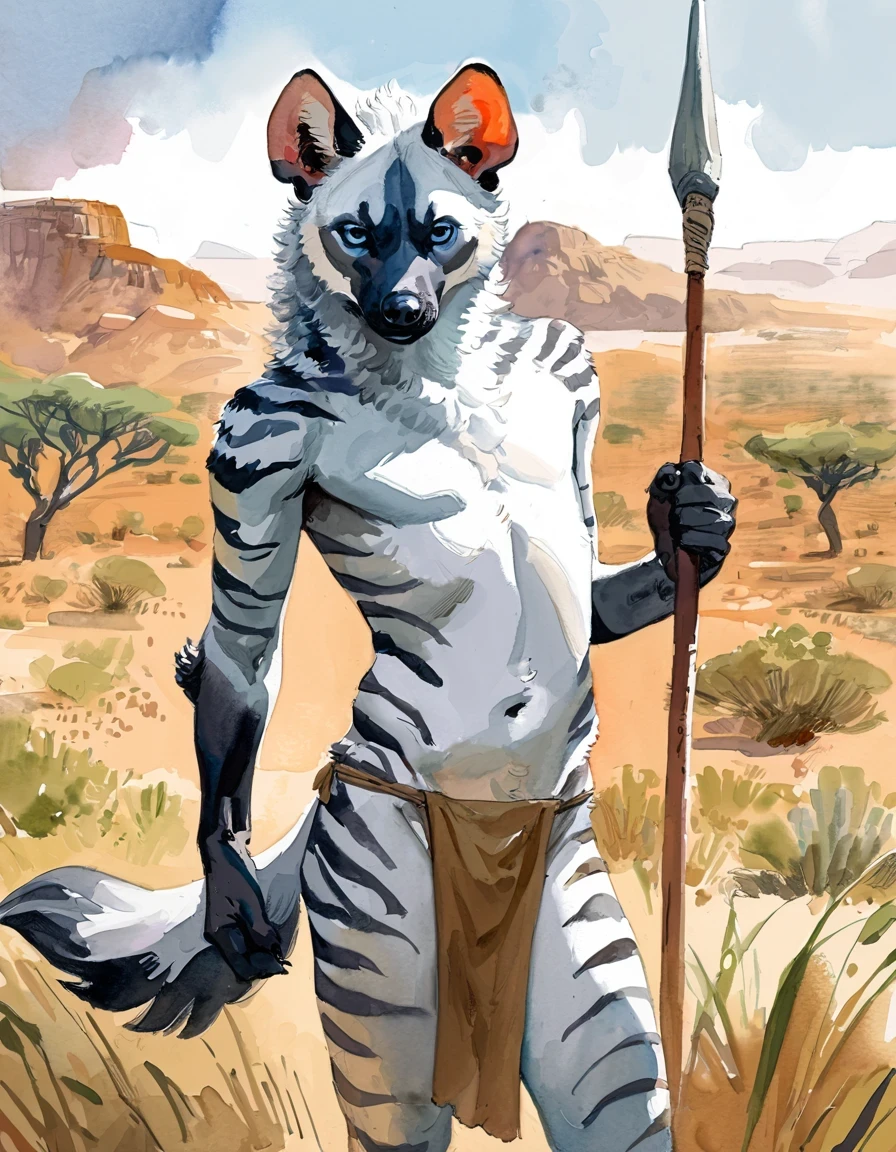 ((Striped Hyena)), solo, male, (anthro), (by seyorrol), ((watercolor background, savanna desert background)), realistic shading, (epic, masterpiece, high quality, 8k, ultra HD, absurd res, top quality, best quality, max quality, masterpiece), ((((feminine body, feminine features)))), ((skinny)), (perfect hands), realistic blue eyes, squinting, digitigrade, (standing proudly, holding spear), (dynamic lighting), detailed fur, ((stoic expression)), ((three quarter view)), looking at camera, white fur, dark stripes, loincloth