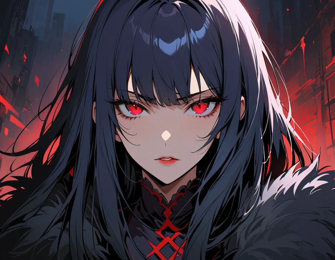 Long dark hair, dark eyes, evil, black and red clothes, evil face, evil, gloss lips, sinister, front look, bloody, gloves, close up, portrait, beautiful eyes, big white, dark place, night, sensual, straight hair cut, clear skin, evil, young 30 years girl, adult girl, solo, red, very long hair, ankle length hair, handsome older WOMAN,red pupils,Long dark blue hair,Hyperresolution,accuracy,Detailed rendering,(Image of fine hair)(topquality)(Masterpieces of masters)(High degree of completeness)(A sense of atmosphere)tmasterpiece,Super detailed and super detailed(((full-body)))(((Loose fur fighter outfit))) (((Soft expression)))(((ankle length dark blue hair)))