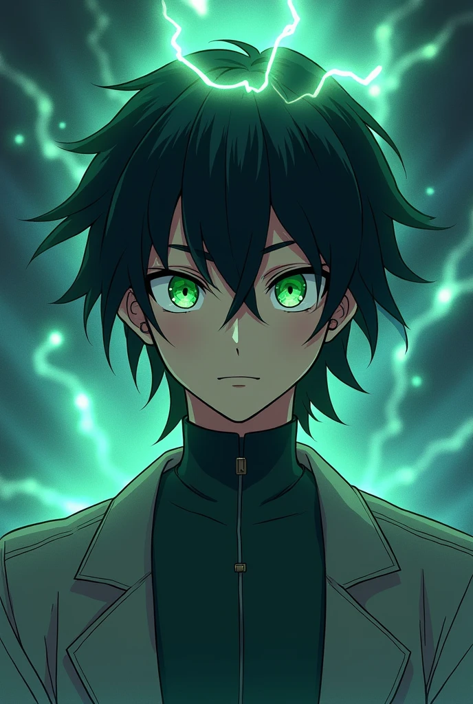 Anime boy with shoulder length black hair, green eyes, with mental power