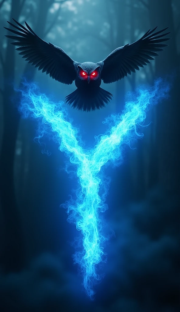 An evil red-eyed owl, flying over the blue fire letter Y.