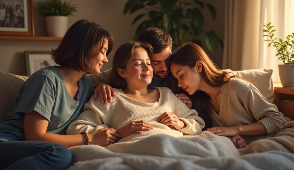 A comforting scene of a Cancer individual in a cozy home environment, surrounded by loved ones and sentimental items, reflecting their nurturing and protective nature. The mood should be warm and caring. --ar 16:9