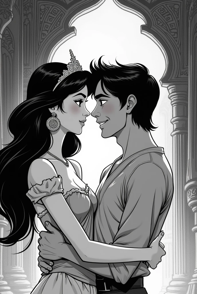 monochrome manga art style of the lustful jasmine and aladdin