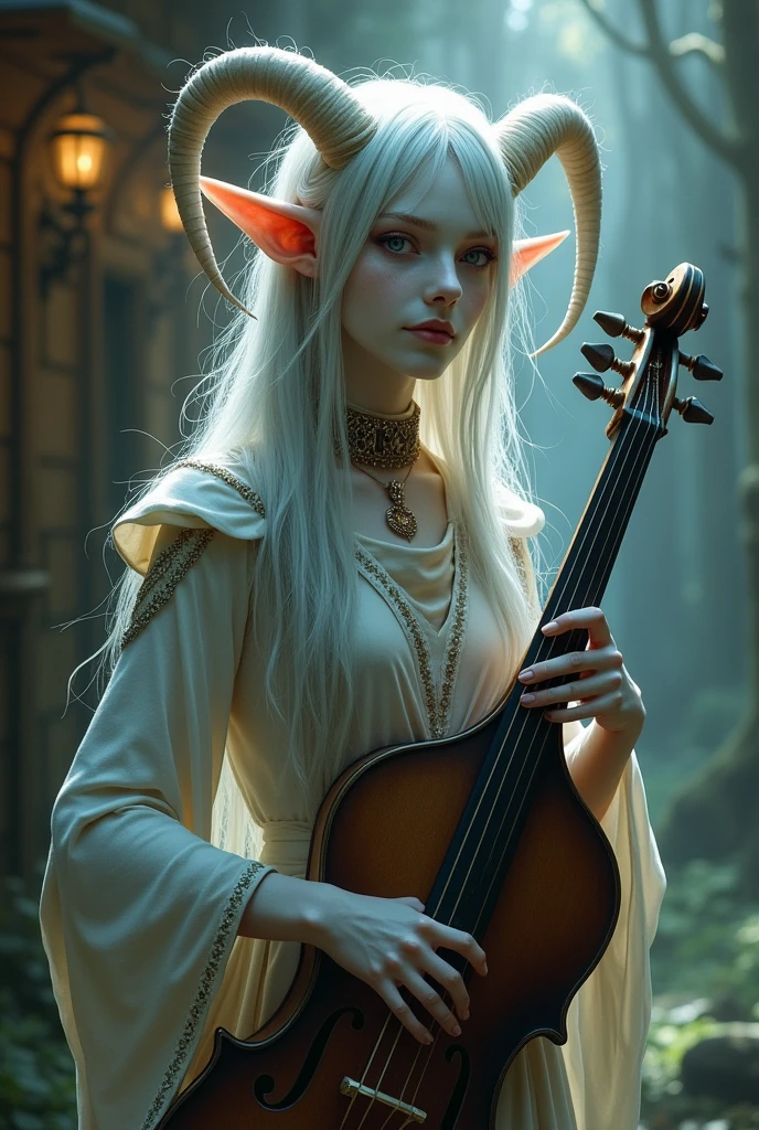 changeling bard without horns white skin and gray hair