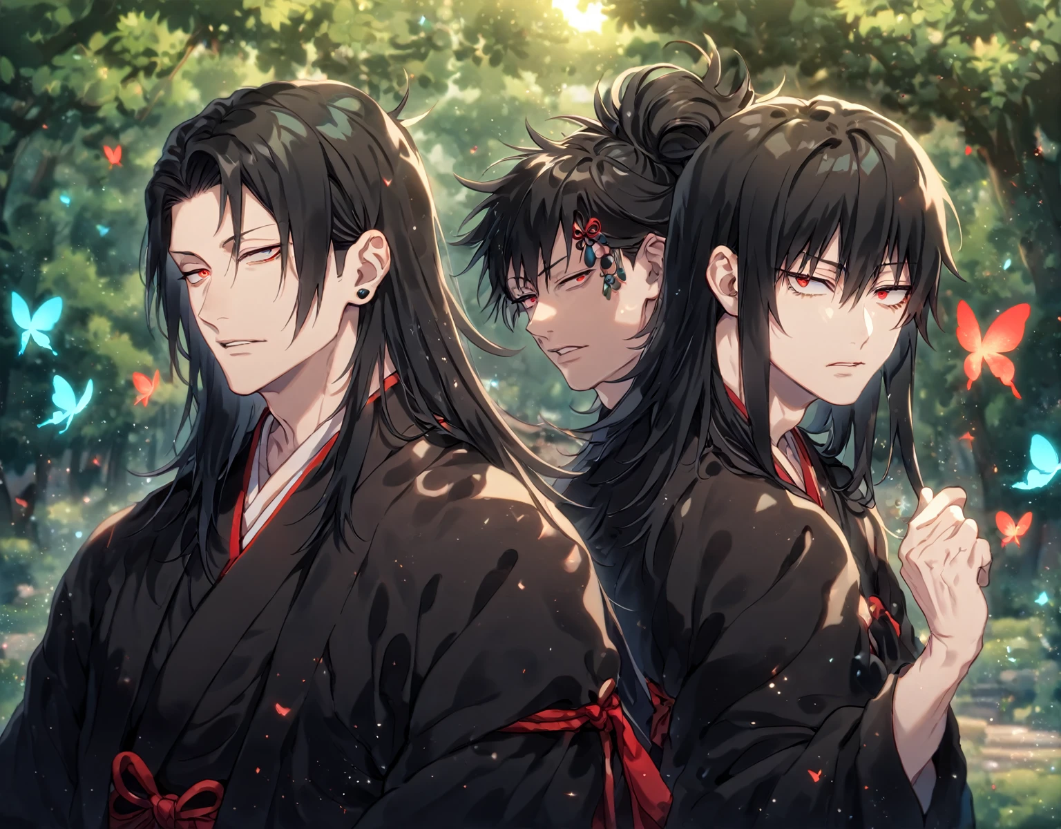 absurdres, highres, ultra detailed, HDR, master piece, Getou Suguru, black hair, long hair, expressive red eyes, black Chinese robes, Fushiguro Touji, black hair, long hair, expressive red eyes, black and red Chinese robes, Jujutsu Kaisen, accessories, two sexy man together, handsome, best quality, fantasy, magical, solo, sensual, forest, manly man, glittering, gay couple, yaoi, blue butterflies, mature man, adult face, Japanese house