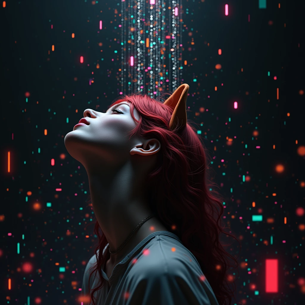 (masterpiece, top quality, best quality, official art, beautiful and aesthetic:1.2), 1girl, red hair, cat ears, (glitch art), (digital distortion), pixelated fragments, data corruption,colorful noise, visual chaos,contemporary aesthetics