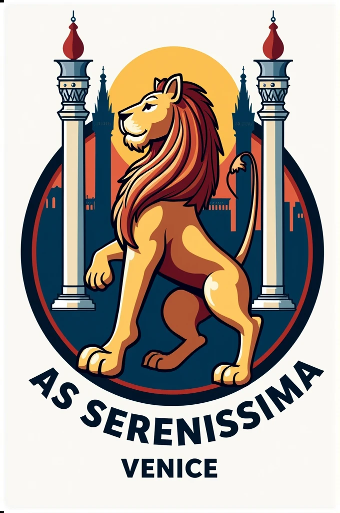 Create me a logo of a football team, circular shape with a lion of Saint Mark in the center, columns of San Marco on the sides and the word "AS SERENISSIMA VENICE" At the bottom of the logo