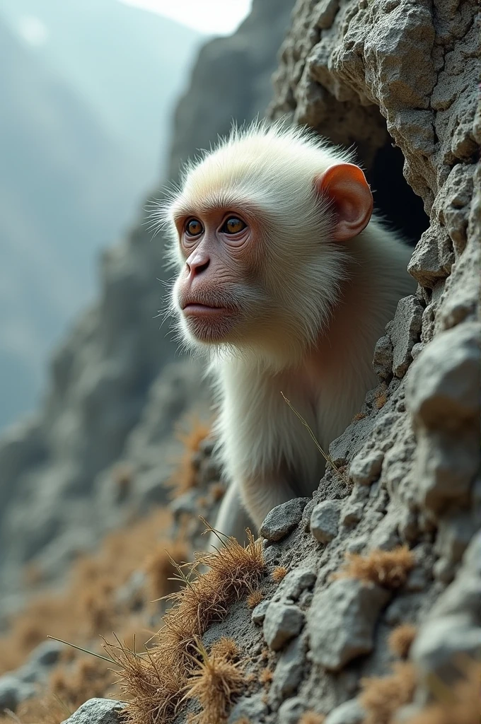 A barren rocky mountain, there was a white monkey buried in the mountain, only its head was exposed, with three or four dry grasses on the side. It looked forward with despair.