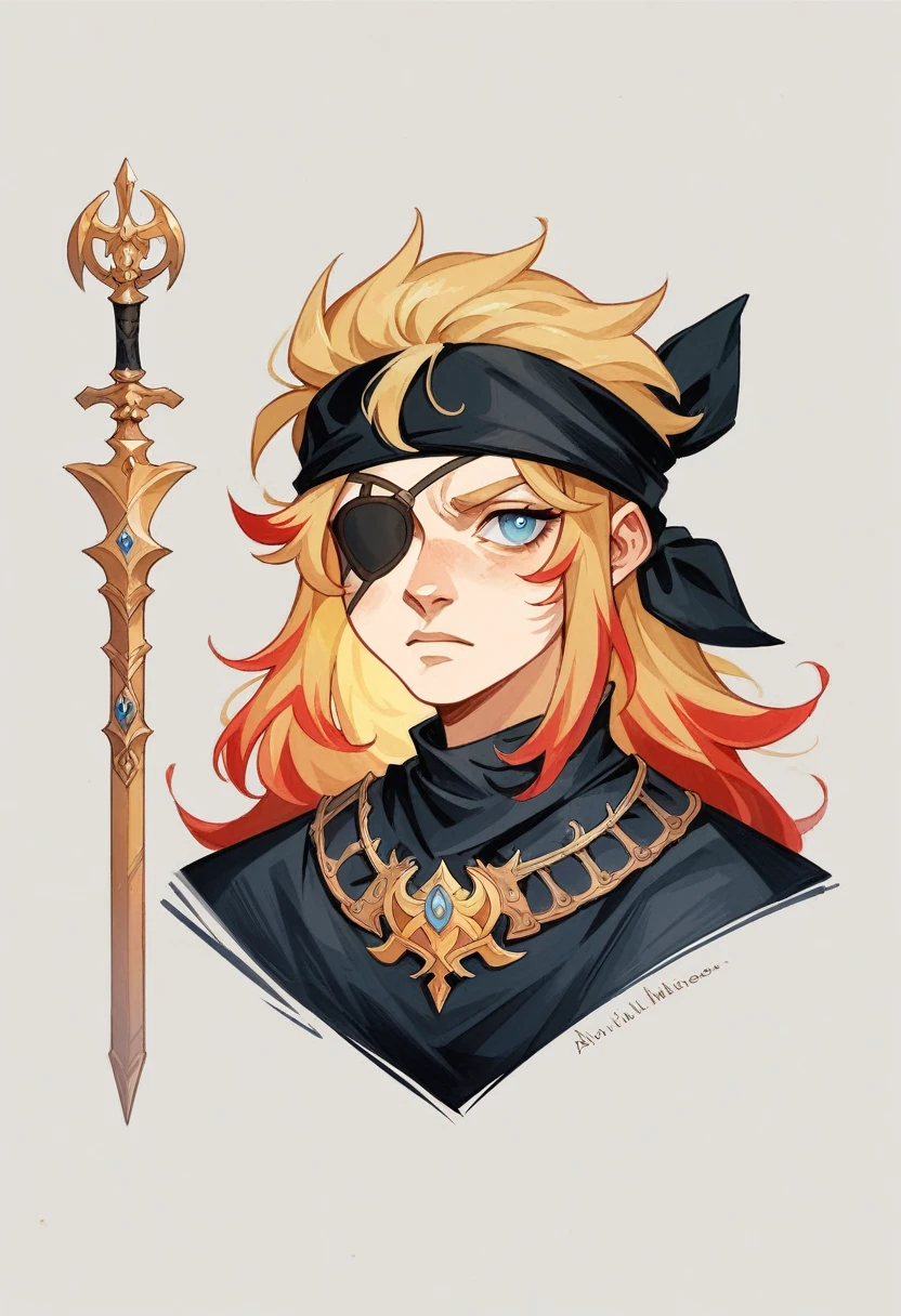 concept sheet ,a young Paladin woman, athletic blonde with red highlights, blue left eye, right eye towards,eye patch, medieval heroic fantasy,watercolor style, yellow and black clothing, black bandana on head, Alphonse Mucha