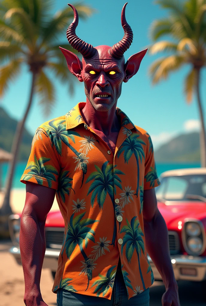 Create an image of the devil with a Hawaiian shirt printed with a palm tree and an American car