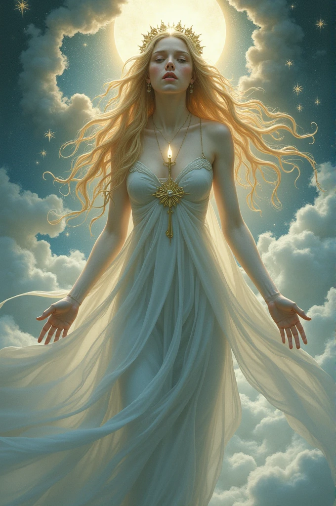 A ethereal, feminine figure with a sorrowful yet regal bearing. Long, flowing golden hair cascades down her back and shoulders. Her skin is pale and luminous, almost translucent. She has large, expressive eyes that shine with a mix of wisdom and melancholy. Ahania wears diaphanous, flowing robes in shades of pale blue and silver that seem to merge with clouds or mist around her. The robes appear almost liquid-like, shifting and swirling as if moved by an unseen breeze. Her face is beautiful but marked by an expression of deep contemplation and a hint of anguish. She may have one hand reaching outward, while the other is pressed to her heart. Surrounding Ahania are subtle symbols of wisdom and sorrow - perhaps a crescent moon, stars, or fragments of scrolls or books floating in the space around her. The background should suggest a liminal space between earth and sky, with swirling clouds and hints of celestial bodies. The overall tone should be dreamlike and surreal, capturing Blake's visionary style and the complex, spiritual nature of Ahania as a representation of wisdom and pleasure separated from the divine.