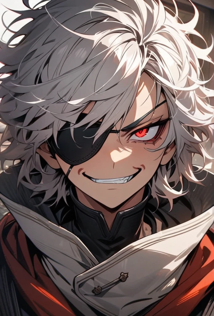 Solo, 1man, white hair, red eyes, (((high quality))), masterpiece, detailed face, sharp eyes, strict face,High Details, eye patch, short hair, messy hair, smirk