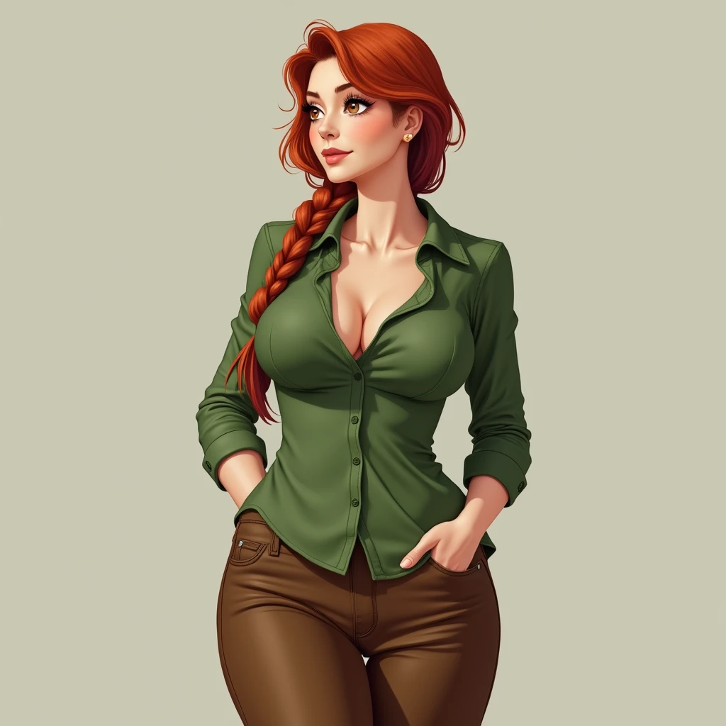 Hot girl in green shirt and brown pants, her skin is white and her hair is red and is tied in a lomg braid sitting on her shoulder. Her body is curvy and she has ample breasts. Her clothes ar sticking to her skin tightly showing her curves