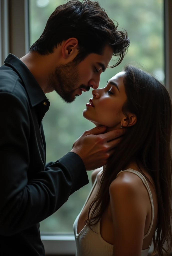 hot 1 hirl in her knees looking up to a man who is holding her chin with his hand, POV from mans eyes