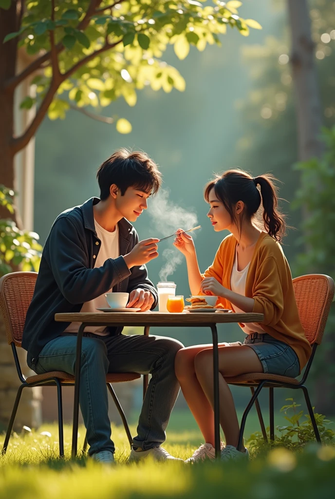 A young man shorty black messy haircut, wear t-shirt jacket strip jeans pant, sit down while crossed both legs in chair outdoor yard ordinary house him, on beside him a young beauty woman ponytale hair, coffee mix, fried cake, milk juice pack, all in table both of them is feeding, natural, thin smoke, sweetly smile, morning, lighting lamp, leafy plants around his house, fresh the air, real hyper realistic, real human japanese, UHD 8k, detailed photo, perfect face, detailed places, landscape, full body, photo was taken from a distance on facial forward outdoor yard ordinary house him