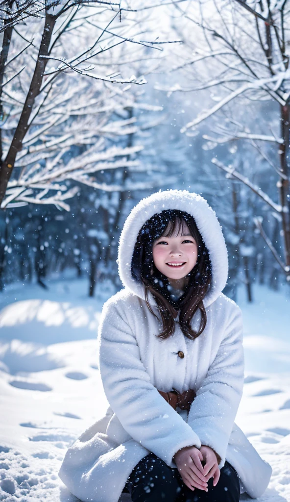 An Asian woman sits amidst a large number of snowflakes in a snowstorm valley, with a large white tiger leaping towards her behind her.