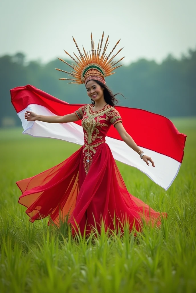 Photoshot of a beautiful woman wearing a red and white colored dress and wearing a mah kota ratu with a beautiful face dancing in a green and wide meadow and holding a long red and white cloth. And there is a red and white flag with the name INDONESIA
