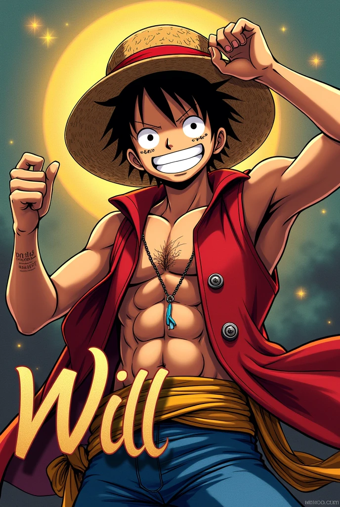 Recreate an image of Will with that name behind and the character of one piece in front, luffy in 4k please and unique and luffy