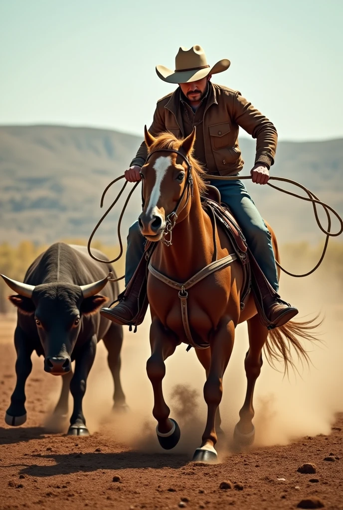 Cowboy on a horse behind a bull lassoing him