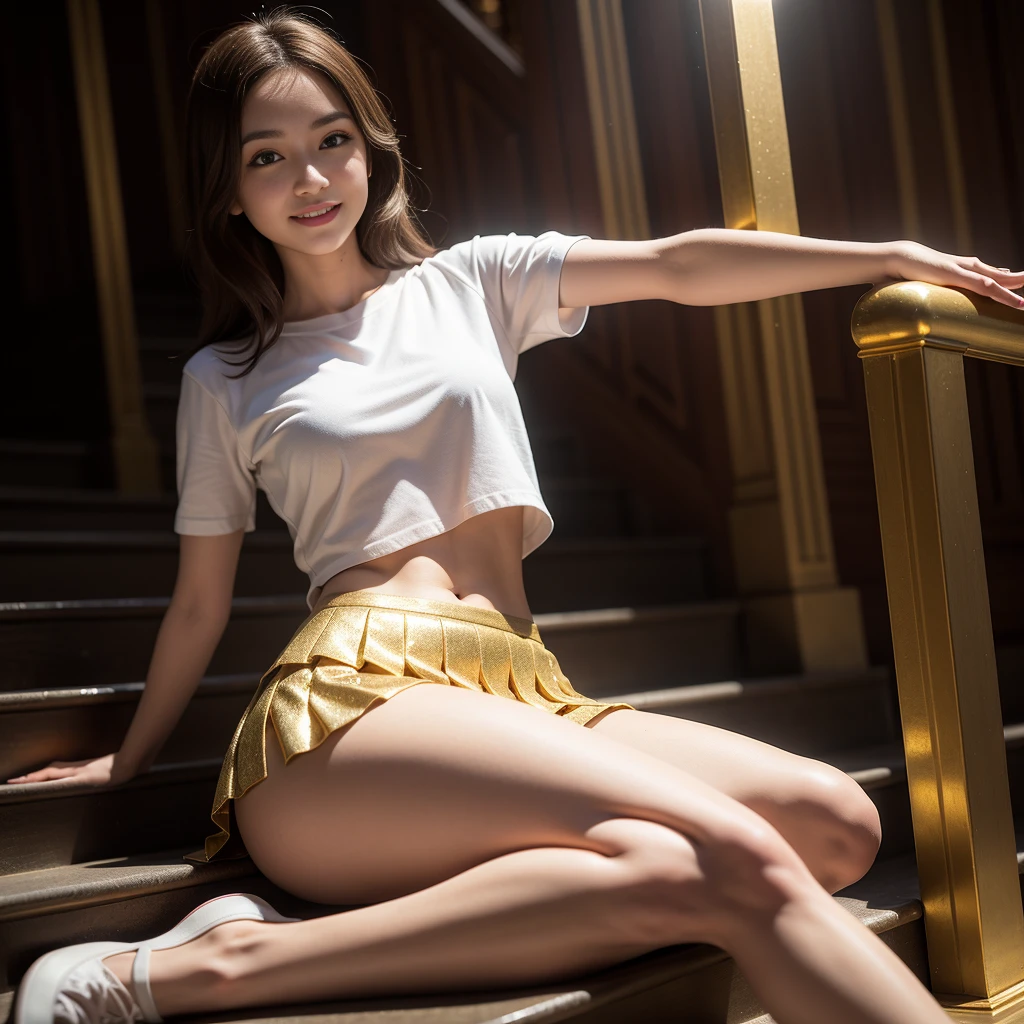8k, masterpiece, RAW Photos, Highest quality, Realistic, extremely detailed CG unity 8k wallpaper, Written boundary depth, Cinematic Light, Lens flare, Ray Tracing, (Very beautiful face, Beautiful Lips, Beautiful Eyes), Exquisitely detailed face, ((Highly detailed skin)) One Girl, In the Dark, Deep Shadow, Cute Asian Girl, 1 girl, (Very slim slender fit-muscled body:1.3), ((View your audience)),(Big smile:1.3), (Short skirt ), (white mini skirt ), (mini skirt ), pantyhose, Clear Eyes, walk , Front shot, (Pale skin), (Big eyes), look forward to, ((Big shirt)), (Brown Hair), (View your audience:1.3) Very slim, Mid-chest, (Camel Toe), Thick thighs, Lace Stockings, sunny, Rear view, Cheerleading Clothes、Surrounded by shiny gold bars、Surrounded by shining gold bars、Close-up of stairs，The coin fell down the stairs, Surrounded by gold, scattered Gold coins, gold and treasure, with many Gold coins, piles of Gold coins, The aesthetics of The Lord of the Rings, sitting on a pile of Gold coins, Gold coins, Complex and epic composition, Epic Fantasy of Rivendell, Golden Glitter, 