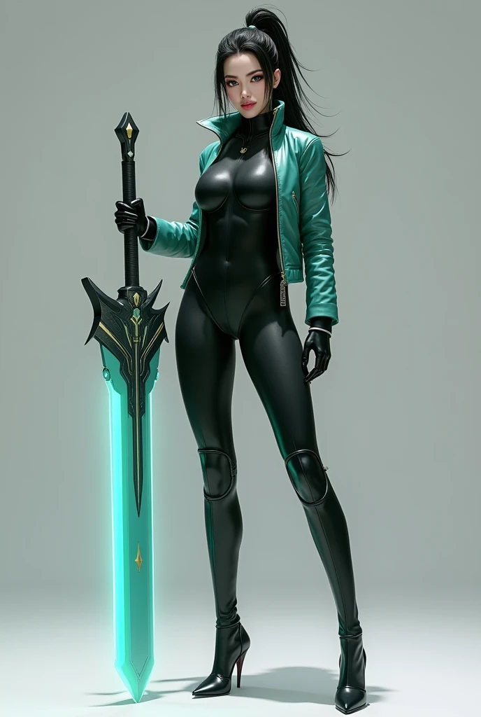 Eve, stellar blade, 8k,highres, 1girl, front lighting, simple background, gray background, looking at the viewer, jacket space green, bodysuit, black hair and dark black hair, fringe, hair tied in ponytail style, video game, heels, gloves, ass, boobs, honey colored eyes, white skin, korean
