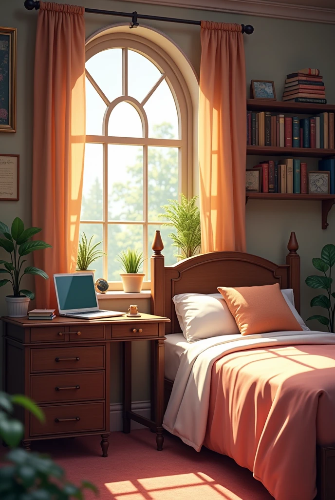 A medium sized room with a bed on the right side, a table in front of the bed with some books and notebooks on it and a Macbook laptop. Near the head of the bed is a beautiful window that lets in light sunlight. And the entire room is beautifully decorated