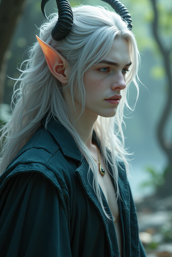 male changeling bard with no horns white skin and gray hair