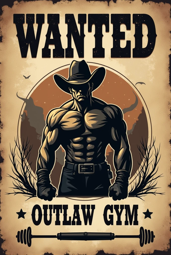 fictitious logo of a gym called "Outlaw Gym", with a wanted poster style, and typical game elements, such as hats, bandanas and sheriff's stars.
texto: "Wanted: Stronger Every Day"
Lots of cartoons, I want something a little more minimalist it can have more gym elements less gay now put a bar at the bottom
