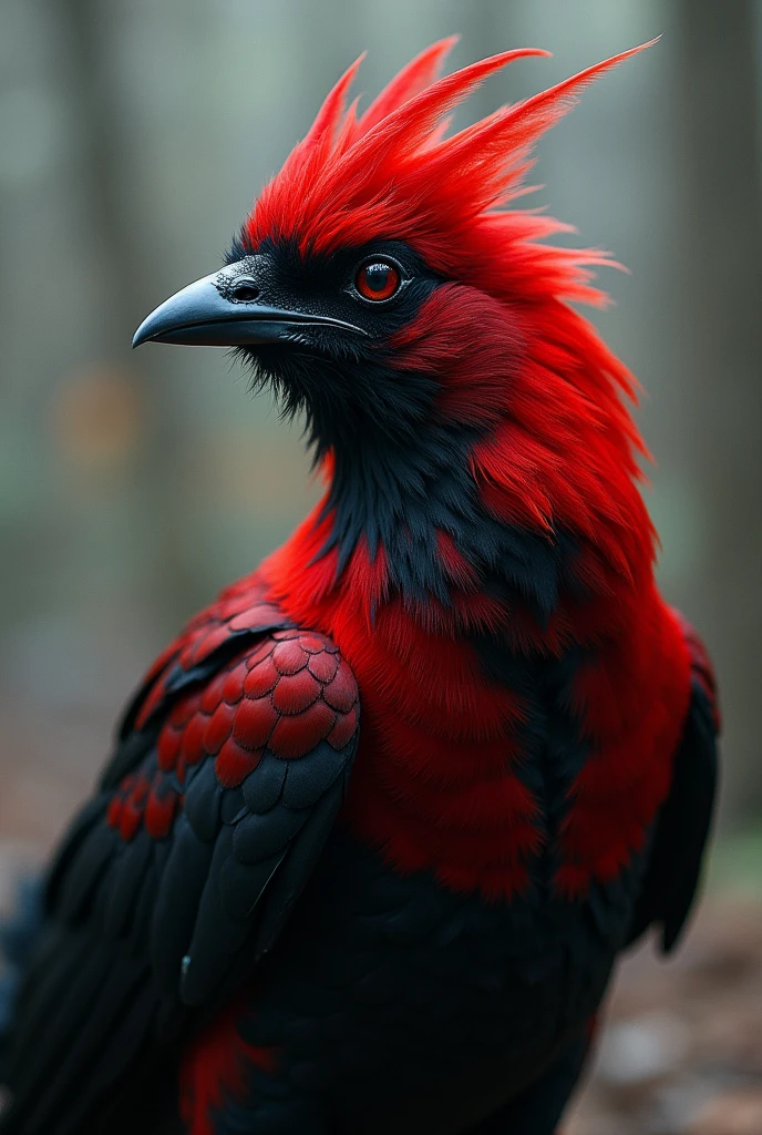 Red and black bird using smolke