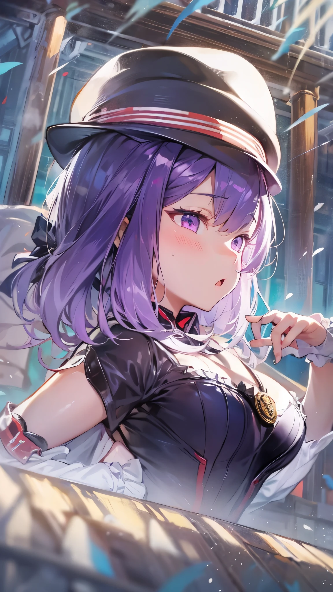 NSFW,masterpiece,Highest quality,High resolution,Very detailed,Helena Blavatsky\(Fate/grandorder\)、Purple Hair、short hair、（Purple eyes：1.1）、Shoulder Bare、belt、beret、ribbon、- Detachable collar、Removable sleeves、hat、leotard、紫色のhat、紫色のleotard、赤いbelt、白いribbon、White sleeves、