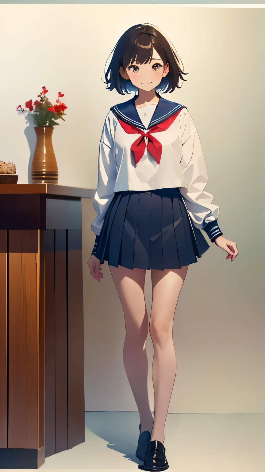 (1 girl、alone、whole body、、natural standing posture)、(Standing casually)、(whole body:1.4)、(whole bodyショーケース)、(whole bodyを見せる)、((Character Concept Art))、(Portraiture:1.2)、(Detailed facial depiction、Carefully drawn face、A kind smile)、Short dark brown hair、Sailor suit、Navy blue sailor collar、uniform、Short skirt:1.37、超Short skirt、shoes、loafers、(Vintage、Classic)、((No background))、((White Background))、Blur the background、(No logo)、((watercolor))、Impressionist style painting、(Highest quality、masterpiece)、