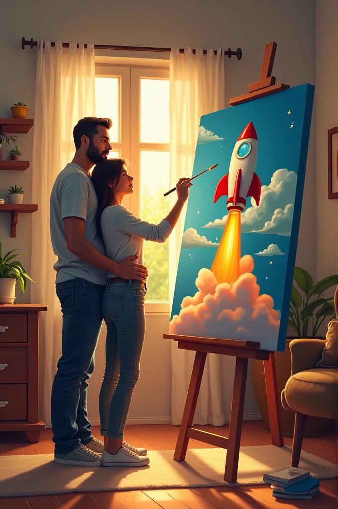 A man and a woman of the same height are in a house painting a picture of a rocket (drawing for books (