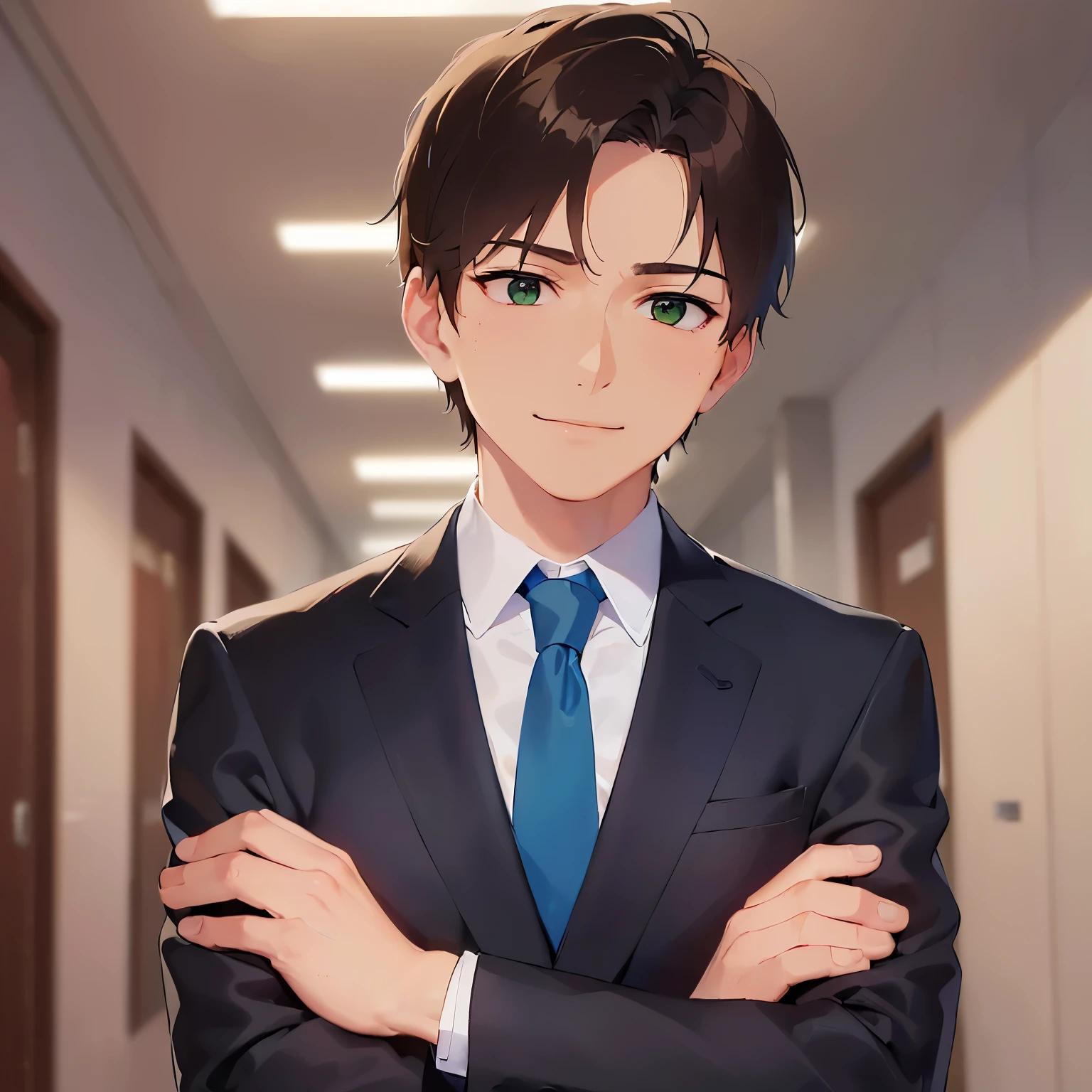 upper body,shiny skin,(looking away:1.5),masterpiece,Highest quality,(Male 2:1.5) and (Brown short hair) and (Green Eyes), (Wearing a suit:1.3) and (Blue tie),(wry smile:1.3),The background is a company corridor,(Alone:1.5),crossed arms,(sweat:1.0)