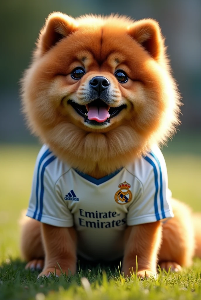 A chowchow dog dressed in a Real Madrid shirt