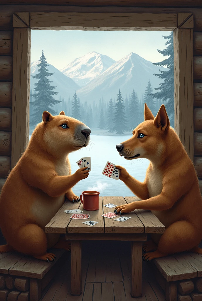 Capybara playing cards with a dog in Alaska

