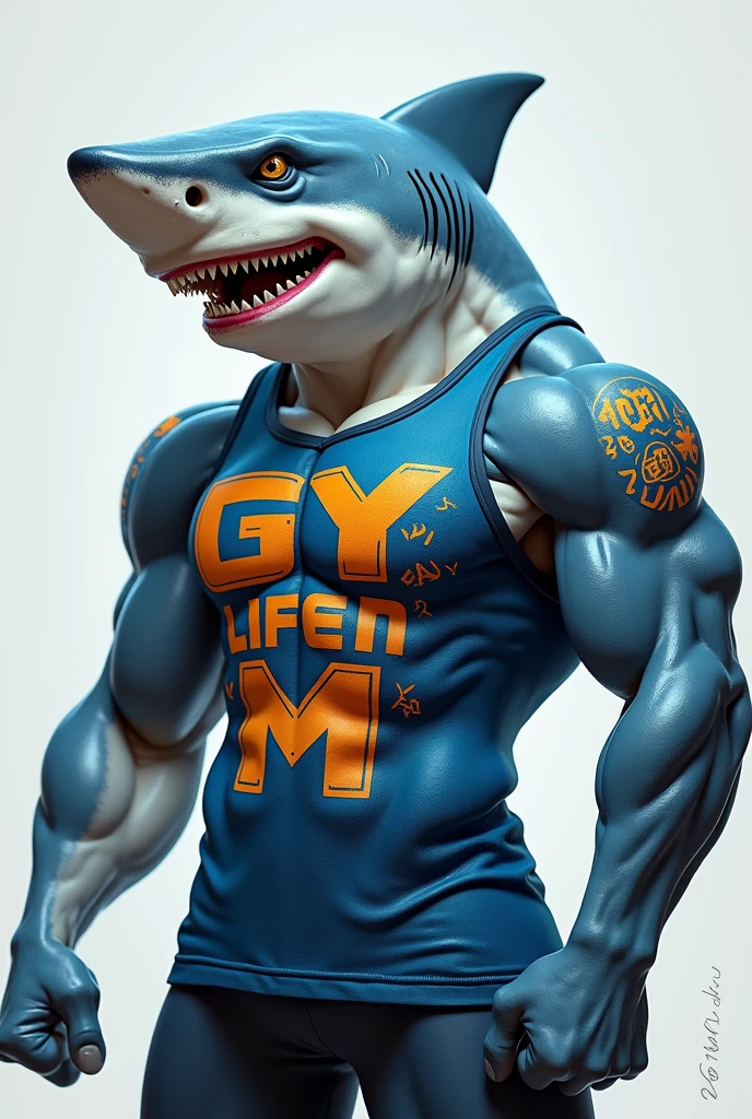 Shark wearing clothes with a print that says gym