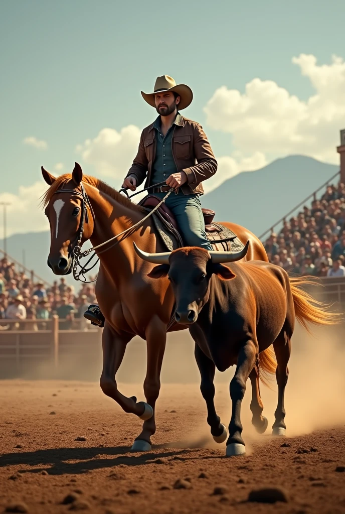 Cowboy on a horse in front of a roping bull 