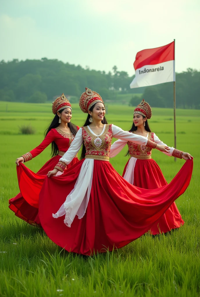 Photoshot of 3 beautiful women wearing a red and white dress and wearing mah kota ratu with a beautiful face dancing in a green and wide meadow and holding a long red and white cloth. And there is a red and white flag with the name INDONESIA