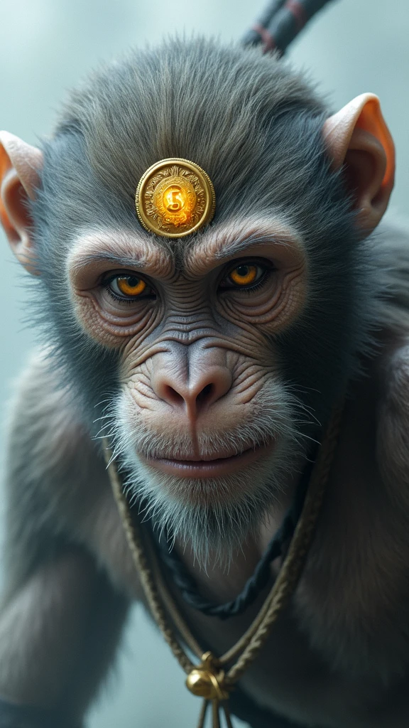 a close up of a monkey with a gold coin on its head, sun wukong, wukong, humanoid monkey fantasy race, planet of the apes, macaque inside alien base, 4 k detail fantasy, 3 d ape shaman profile portrait, marmoset render, cyber monkey in the scifi forest, from warcraft, artstation 4k, ape, (Black Myth: Wukong:1.4), (Rey Mono:1.4), (Rey Mono:V2.1), high quality, (RAW photo, best quality), (realistic, photorealistic: 1.4), (extremely delicate and beautiful: 1.4), amazing, fine details, masterpiece, ultra detailed, high resolution, best illustration, best shadow, intricate, ( extremely intricate: 1.2), (exquisitely detailed skin), cinematic light, perfect anatomy, (cool color: 1.4), sharp focus, 8k UHD, DSLR, (Fujifilm XT3),(iluminación cinematográfica :1.4), (estilo cinematográfico :1.4), (pelo realistic mono:1.4), (pose medio cuerpo :1.4), ,(Fondo de ruinas de mazmorra en ruinas:1.4 )