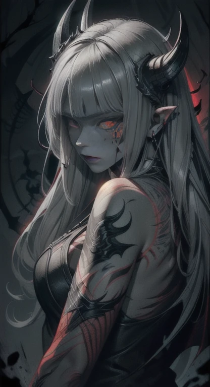 Overgrown hell life, winged devil linkle, Grey skin, black veins, black blood, red markings, devil armor,