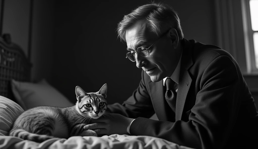 Black and white image of a thin, elderly man with a serene and contemplative expression. He has short, dark hair, a little gray, no beard, and is wearing a classic 1930s suit, with small, square prescription glasses and a discreet tie. Cayce is with a cat near death in a bed from the same decade in an environment that looks like a house from that time. The soft, diffuse lighting highlights his face, transmitting an aura of wisdom and introspection. The scene has a nostalgic and mysterious tone, reflecting the enigmatic character of Cayce trying to save the cat.