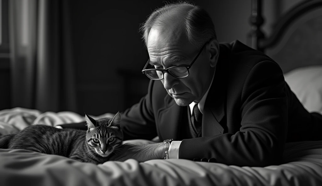 Black and white image of a thin, elderly man with a serene and contemplative expression. He has short, dark hair, a little gray, no beard, and is wearing a classic 1930s suit, with small, square prescription glasses and a discreet tie. Cayce is with a cat near death in a bed from the same decade in an environment that looks like a house from that time. The soft, diffuse lighting highlights his face, transmitting an aura of wisdom and introspection. The scene has a nostalgic and mysterious tone, reflecting the enigmatic character of Cayce trying to save the cat.