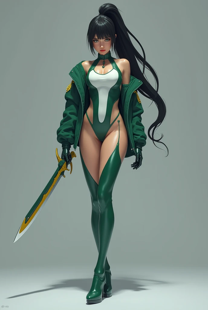 Eve, stellar blade, 8k,highres, 1girl, front lighting, simple background, gray background, looking at the viewer, jacket space green and white, bodysuit, black hair and dark black hair, fringe, hair tied in ponytail style, video game, heels, gloves, ass, boobs, honey colored eyes, white skin, korean