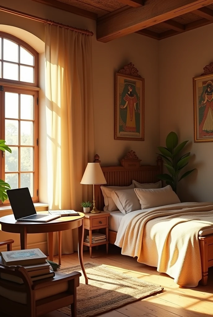 A medium sized room with a bed on the right side, a table in front of the bed with some books and notebooks on it and a Macbook laptop. Near the head of the bed is a beautiful window that lets in light sunlight. And the entire room is beautifully decorated।
And this room will be Egyptian room model