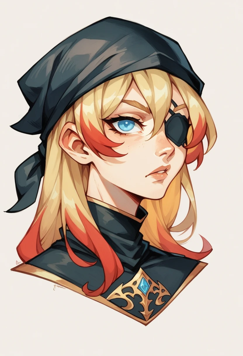 concept sheet ,a young Paladin woman, athletic blonde with red highlights, blue left eye, right eye towards,eye patch, medieval heroic fantasy,watercolor style, yellow and black clothing, black bandana on head,