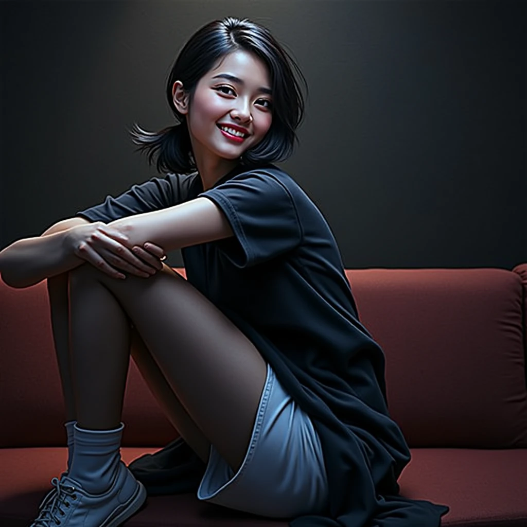 Best Quality, Ultra High Definition, (Photorealistic:1.4),Sunset Light, Ponytail, Korean Women, Detailed Photo, Smiling, Sexy, Black Shirt, Facing Camera, Close-up (Masterpiece: 1.3), (8K, Photorealistic, Best Quality: 1.4), (1girl), Beautiful Face, (Realistic Face), (Black Hair, Short Hair: 1.3), Beautiful Hairstyle, Realistic eyes, beautiful detail eyes, (realistic skin), beautiful skin, (sweater), absurd, attractive, ultra high resolution, ultra realistic, high definition, golden ratio