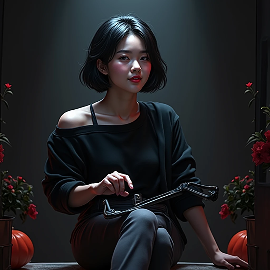 Best Quality, Ultra High Definition, (Photorealistic:1.4),Sunset Light, Ponytail, Korean Women, Detailed Photo, Smiling, Sexy, Black Shirt, Facing Camera, Close-up (Masterpiece: 1.3), (8K, Photorealistic, Best Quality: 1.4), (1girl), Beautiful Face, (Realistic Face), (Black Hair, Short Hair: 1.3), Beautiful Hairstyle, Realistic eyes, beautiful detail eyes, (realistic skin), beautiful skin, (sweater), absurd, attractive, ultra high resolution, ultra realistic, high definition, golden ratio